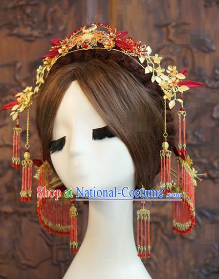 China Traditional Hair Accessories Wedding Xiuhe Suit Headpieces Ancient Bride Cloisonne Red Hair Crown and Hairpins