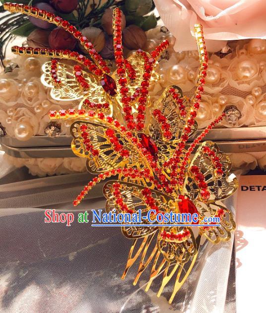 Chinese Bride Golden Butterfly Hair Comb Ancient Wedding Jewelry Accessories Traditional Hairpin