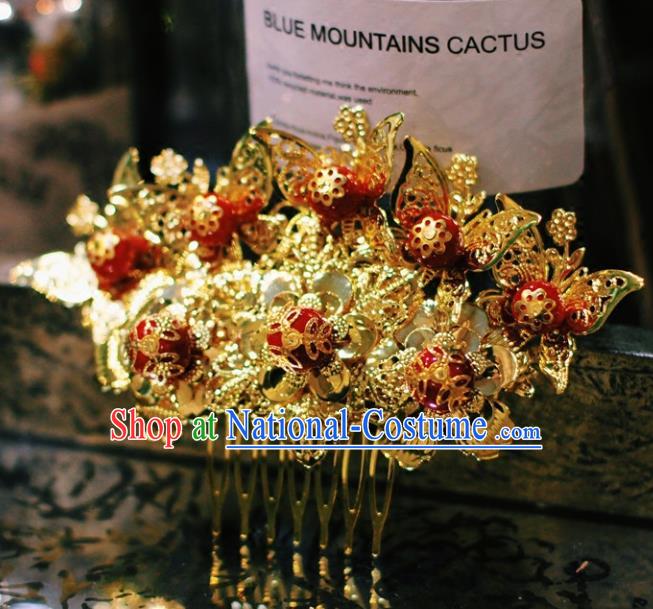 Chinese Ancient Wedding Jewelry Accessories Traditional Hairpin Bride Golden Butterfly Hair Comb