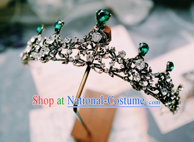 Handmade Baroque Bride Black Royal Crown Wedding Hair Accessories European Green Crystal Hair Clasp