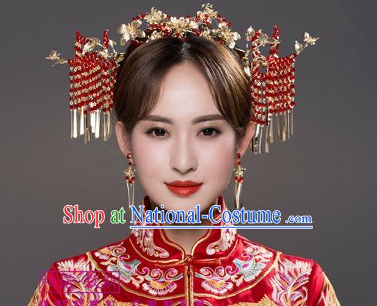 Chinese Ancient Wedding Hair Jewelry Accessories Traditional Bride Golden Hair Crown and Hairpins Full Set