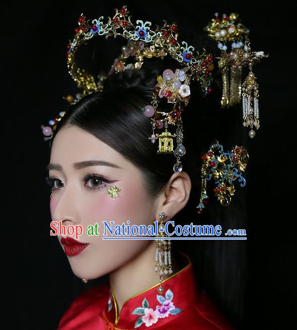 Chinese Traditional Bride Blueing Hair Crown and Hairpins Ancient Wedding Hair Jewelry Accessories Full Set