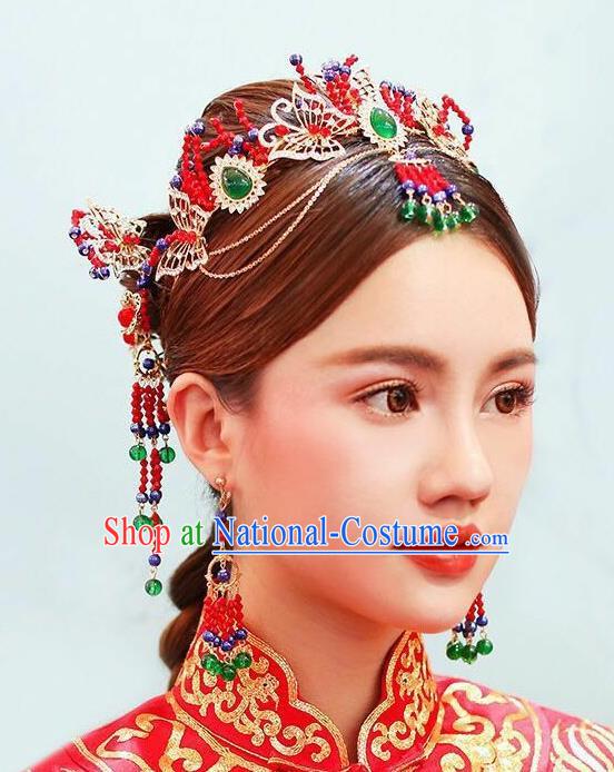 Chinese Traditional Bride Crystal Butterfly Hair Crown Ancient Wedding Hair Jewelry Accessories Tassel Hairpins Complete Set