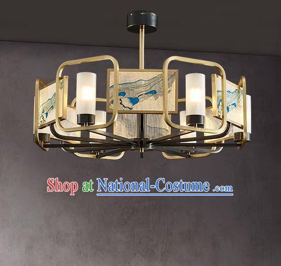 Chinese Traditional Landscape Painting Lamp Handmade Classical Six Light Ceiling Lantern