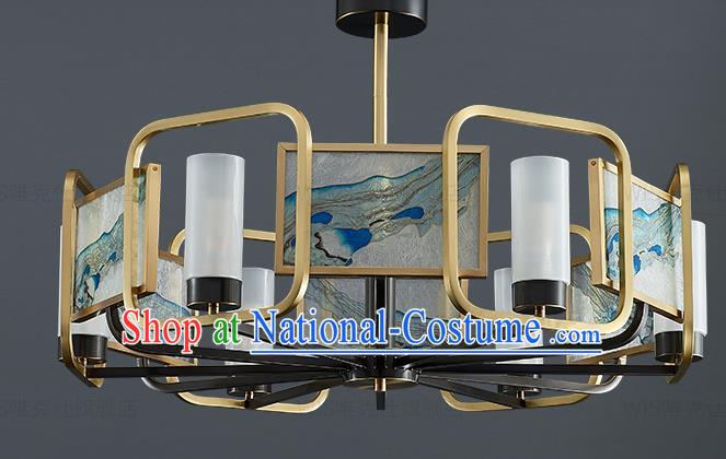 Chinese Traditional Landscape Painting Lamp Handmade Classical Six Light Ceiling Lantern