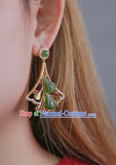 Top Grade Chinese Handmade Jade Ginkgo Leaf Ear Jewelry Accessories Traditional Classical Pearls Earrings