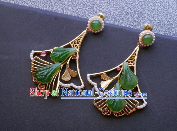 Top Grade Chinese Handmade Jade Ginkgo Leaf Ear Jewelry Accessories Traditional Classical Pearls Earrings