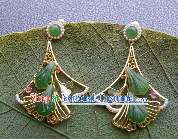 Top Grade Chinese Handmade Jade Ginkgo Leaf Ear Jewelry Accessories Traditional Classical Pearls Earrings