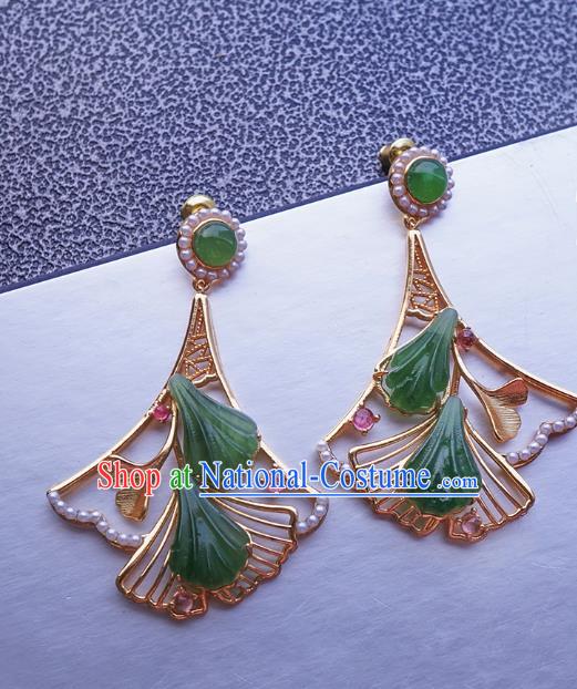 Top Grade Chinese Handmade Jade Ginkgo Leaf Ear Jewelry Accessories Traditional Classical Pearls Earrings