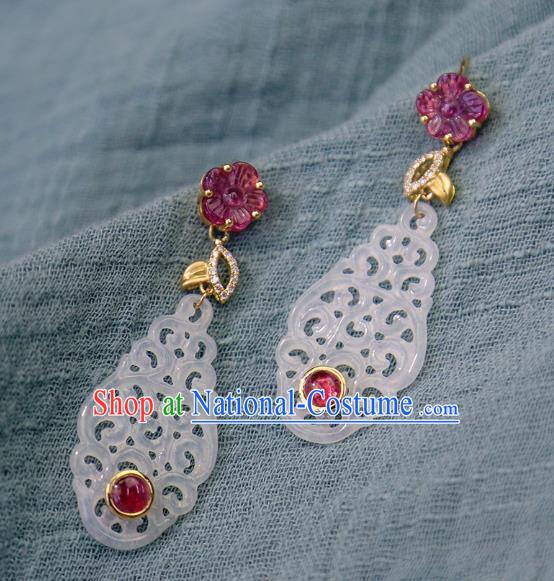 Top Grade Chinese Traditional Classical Tourmaline Earrings Handmade Ear Jewelry Qing Dynasty Court White Jade Accessories