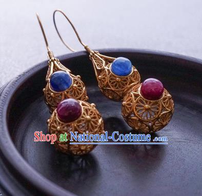 Top Grade Chinese Classical Golden Gourd Earrings Traditional Handmade Gems Ear Jewelry Ming Dynasty Accessories