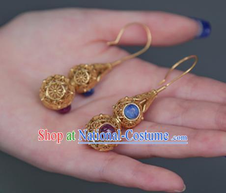 Top Grade Chinese Classical Golden Gourd Earrings Traditional Handmade Gems Ear Jewelry Miing Dynasty Accessories