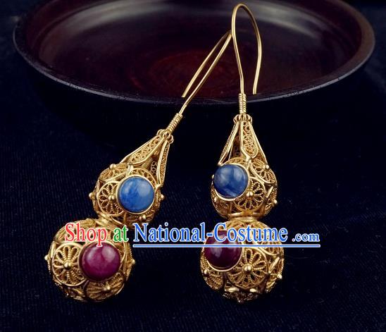 Top Grade Chinese Classical Golden Gourd Earrings Traditional Handmade Gems Ear Jewelry Miing Dynasty Accessories