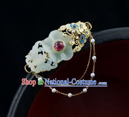 China Classical Cheongsam Jade Carving Butterfly Plum Brooch Traditional Handmade Golden Tassel Breastpin