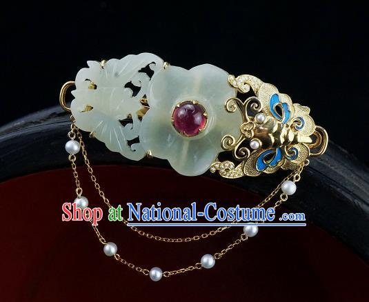 China Classical Cheongsam Jade Carving Butterfly Plum Brooch Traditional Handmade Golden Tassel Breastpin