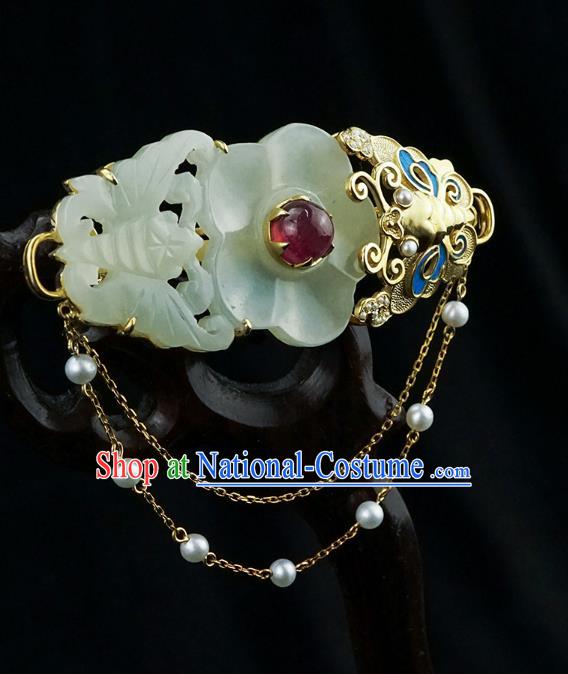 China Classical Cheongsam Jade Carving Butterfly Plum Brooch Traditional Handmade Golden Tassel Breastpin