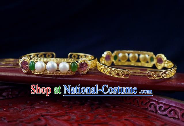 Chinese Traditional Gems Bangle Accessories Ancient Qing Dynasty Court Pearls Jade Bracelet Jewelry