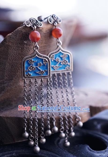 Top Grade Chinese Silver Accessories Classical Court Blueing Earrings Traditional Handmade Bells Tassel Ear Jewelry