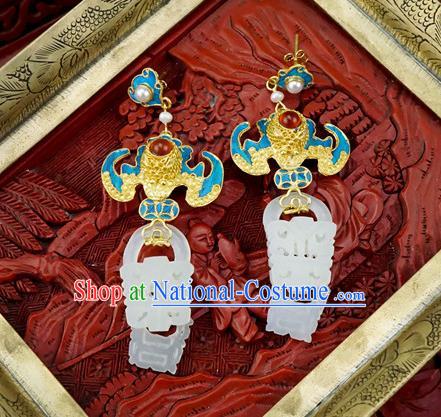 Top Grade Chinese Classical Court Blueing Bat Earrings Traditional Handmade Ear Jewelry Jade Accessories