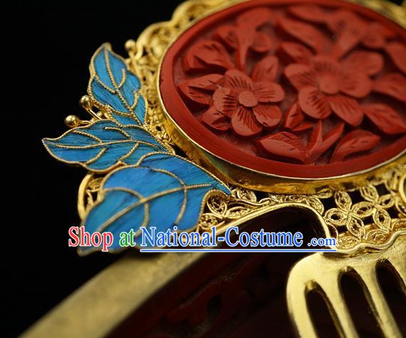 Chinese Traditional Ancient Palace Empress Hair Accessories Qing Dynasty Court Carved Lacquerware Hair Comb