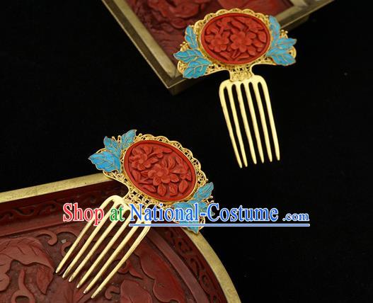 Chinese Traditional Ancient Palace Empress Hair Accessories Qing Dynasty Court Carved Lacquerware Hair Comb