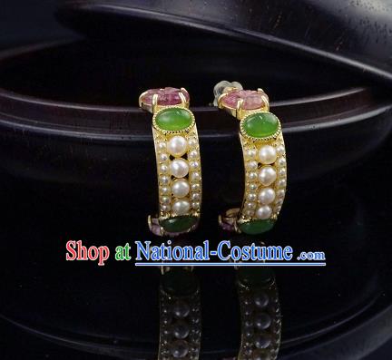 Top Grade Chinese Traditional Classical Jade Earrings Handmade Pearls Ear Jewelry Qing Dynasty Court Accessories