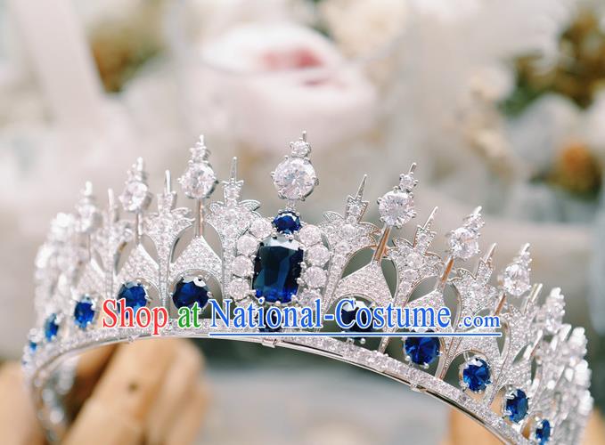 European Queen Zircon Headwear Handmade Baroque Bride Wedding Jewelry Accessories Women Luxury Blue Crystal Royal Crown