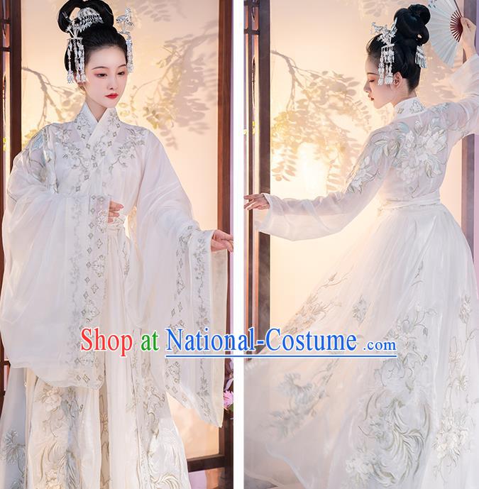 China Jin Dynasty Court Lady Clothing Embroidered White Hanfu Dress Traditional Ancient Imperial Concubine Costume