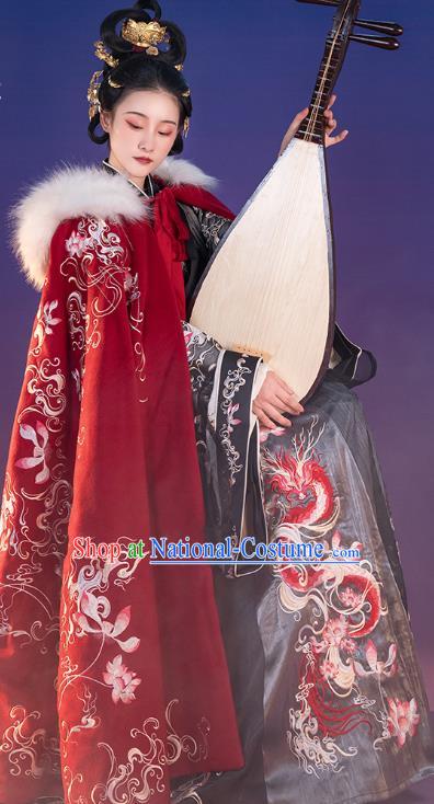 China Ancient Princess Embroidered Red Cloak Costume Traditional Jin Dynasty Court Beauty Clothing