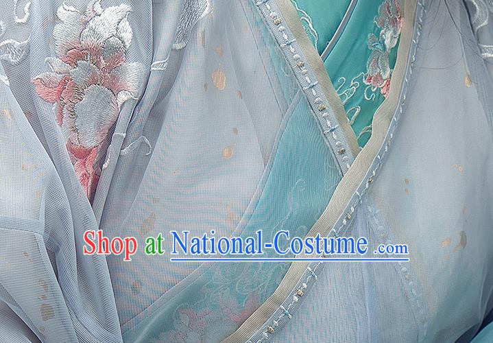 China Ancient Female Swordsman Costume Traditional Jin Dynasty Young Woman Embroidered Clothing Blue Hanfu Dress Outfits