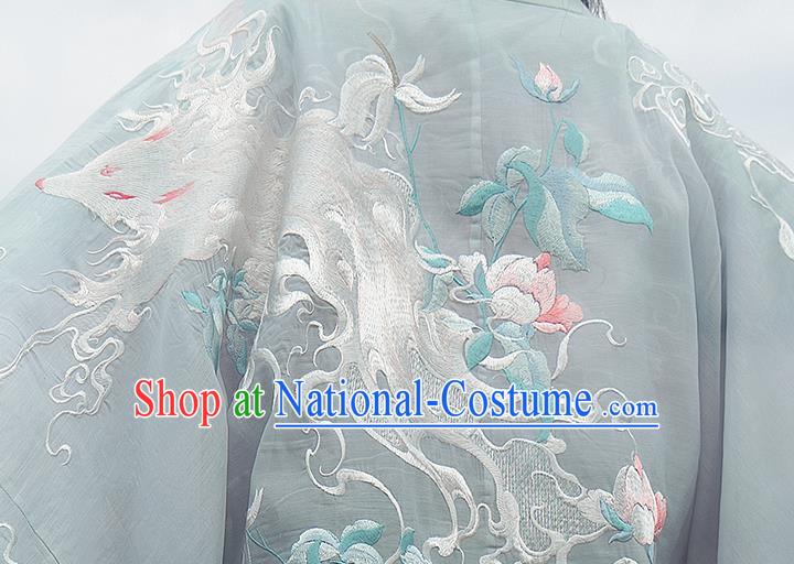 China Ancient Female Swordsman Costume Traditional Jin Dynasty Young Woman Embroidered Clothing Blue Hanfu Dress Outfits