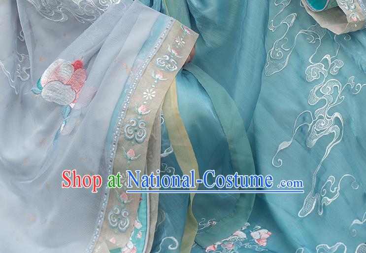 China Ancient Female Swordsman Costume Traditional Jin Dynasty Young Woman Embroidered Clothing Blue Hanfu Dress Outfits