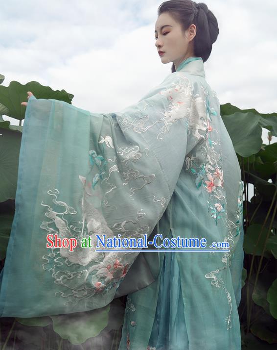 China Ancient Female Swordsman Costume Traditional Jin Dynasty Young Woman Embroidered Clothing Blue Hanfu Dress Outfits