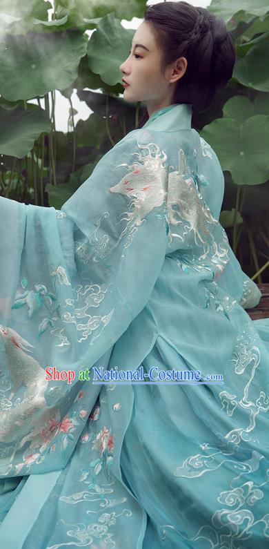 China Ancient Female Swordsman Costume Traditional Jin Dynasty Young Woman Embroidered Clothing Blue Hanfu Dress Outfits