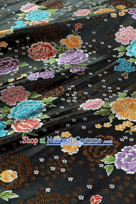 Chinese Classical Peony Plum Pattern Design Black Brocade Fabric Asian Traditional Satin Tang Suit Silk Material