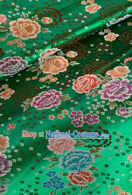 Chinese Classical Peony Plum Pattern Design Green Brocade Fabric Asian Traditional Satin Tang Suit Silk Material