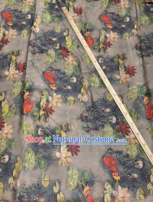 Chinese Classical Lotus Pattern Design Grey Gambiered Guangdong Gauze Fabric Asian Traditional Cheongsam Silk Material