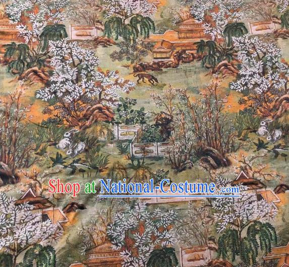 Chinese Classical Landscape Architecture Pattern Design Gambiered Guangdong Gauze Fabric Asian Traditional Cheongsam Silk Material