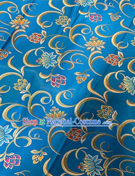 Chinese Classical Twine Lotus Pattern Design Blue Brocade Fabric Asian Traditional Satin Tang Suit Silk Material