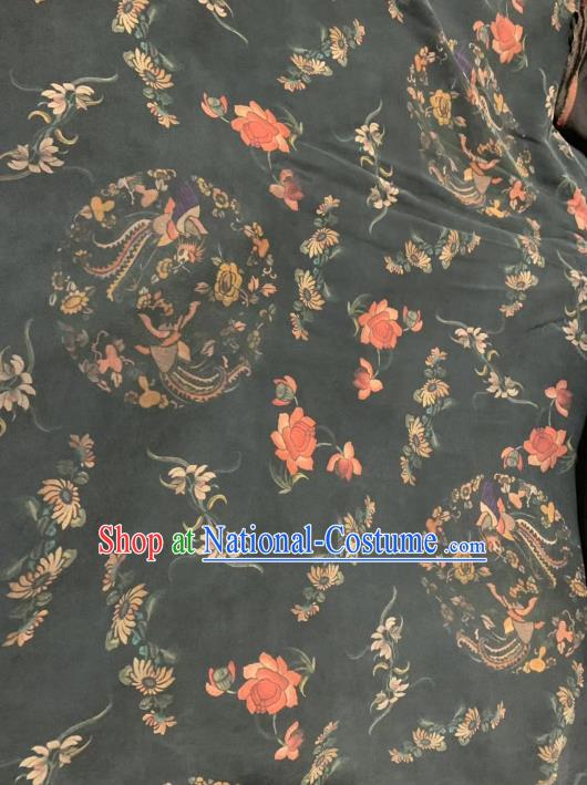 Chinese Classical Phoenix Peony Chrysanthemum Pattern Design Black Gambiered Guangdong Gauze Fabric Asian Traditional Cheongsam Silk Material