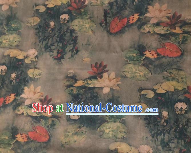 Chinese Classical Water Lily Pattern Design Grey Gambiered Guangdong Gauze Fabric Asian Traditional Cheongsam Silk Material