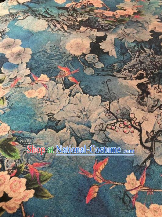 Chinese Classical Plum Pattern Design Blue Gambiered Guangdong Gauze Fabric Asian Traditional Cheongsam Silk Material