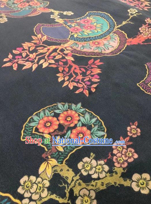 Chinese Classical Fan Flowers Pattern Design Black Gambiered Guangdong Gauze Fabric Asian Traditional Cheongsam Silk Material