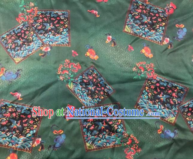 Chinese Classical Crane Bat Pattern Design Deep Green Gambiered Guangdong Gauze Fabric Asian Traditional Cheongsam Silk Material