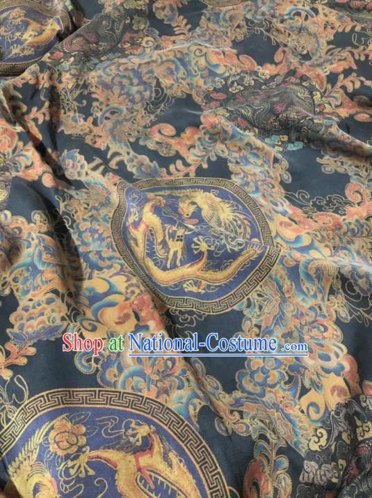 Chinese Classical Dragon Phoenix Pattern Design Navy Gambiered Guangdong Gauze Fabric Asian Traditional Cheongsam Silk Material