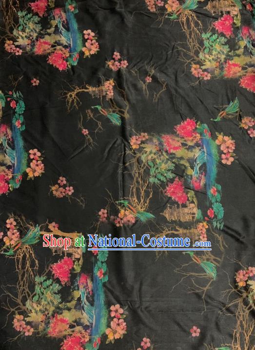 Chinese Classical Flowers Pattern Design Black Gambiered Guangdong Gauze Fabric Asian Traditional Cheongsam Silk Material