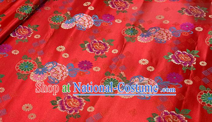 Chinese Classical Peony Daisy Pattern Design Red Brocade Fabric Asian Traditional Satin Tang Suit Silk Material