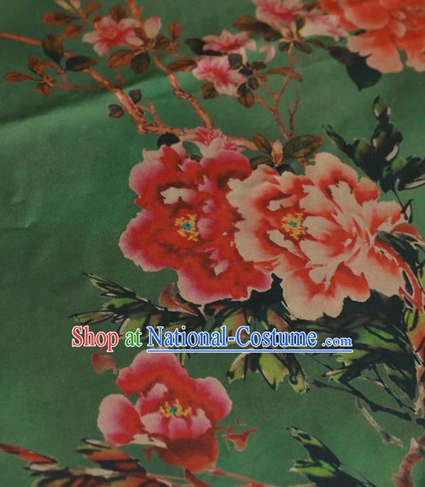 Chinese Classical Peony Pattern Design Green Gambiered Guangdong Gauze Fabric Asian Traditional Cheongsam Silk Material