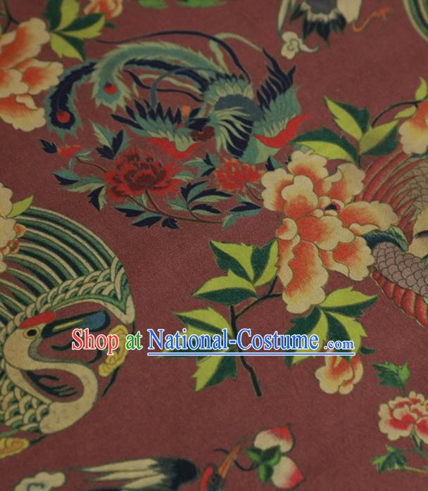 Chinese Classical Crane Peach Pattern Design Wine Red Gambiered Guangdong Gauze Fabric Asian Traditional Cheongsam Silk Material