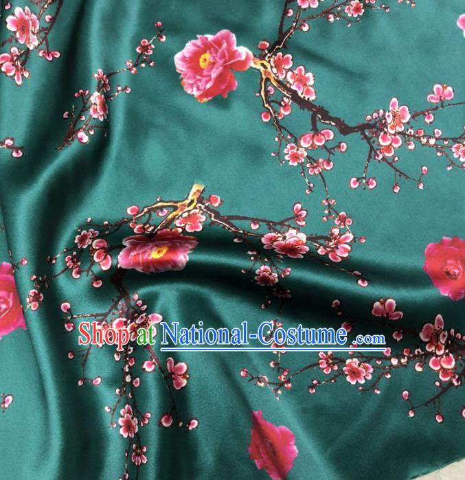 Chinese Classical Plum Blossom Pattern Design Deep Green Gambiered Guangdong Gauze Fabric Asian Traditional Cheongsam Silk Material